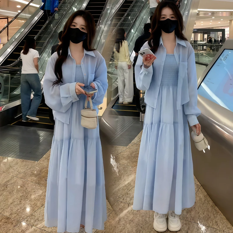 小个子设计感时尚套装女2025年夏季新款长袖开衫上衣长裙两件套潮