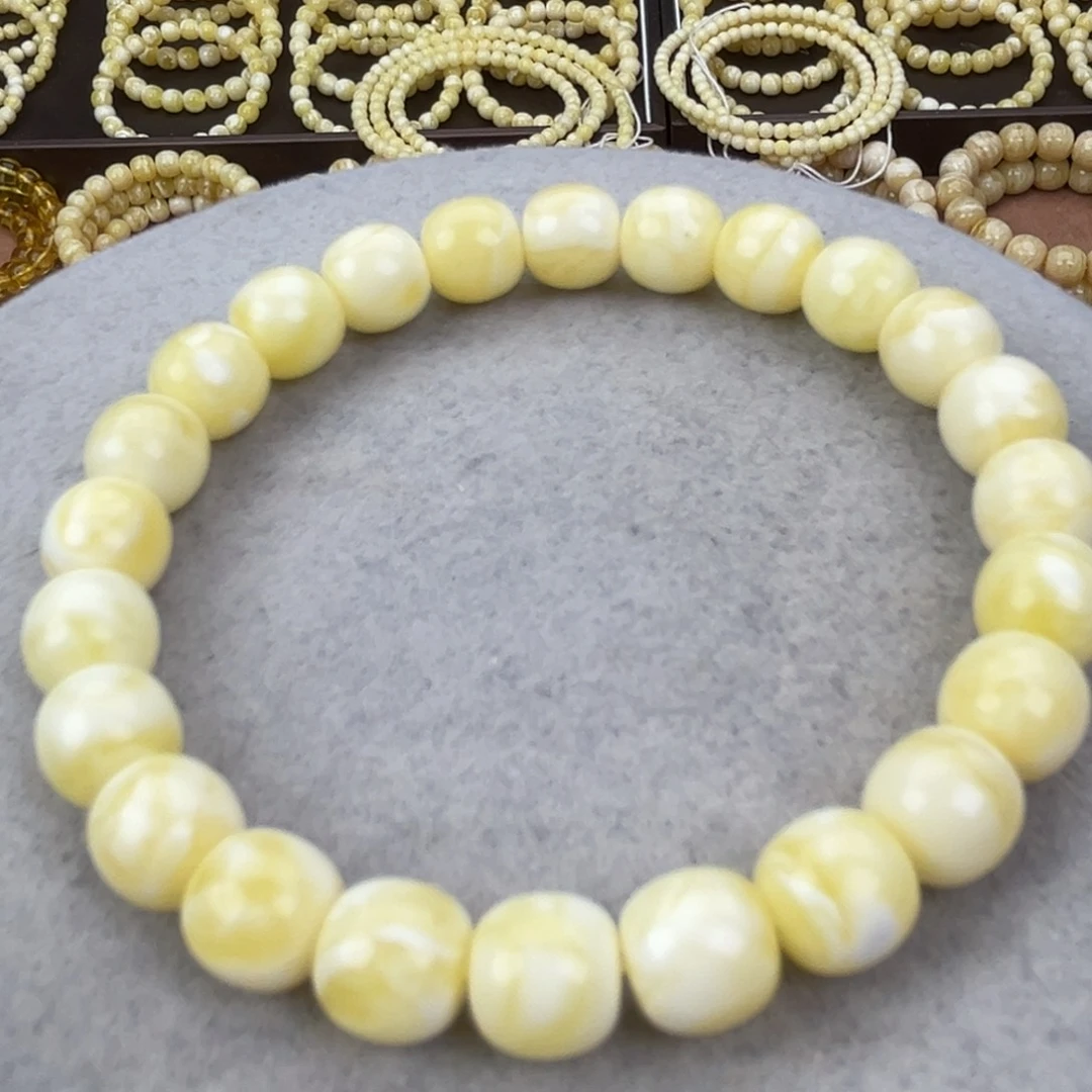 蜜蜡未镶嵌手串纯天然俄料瓷白花极限弧高桩9*8.5腕口18+