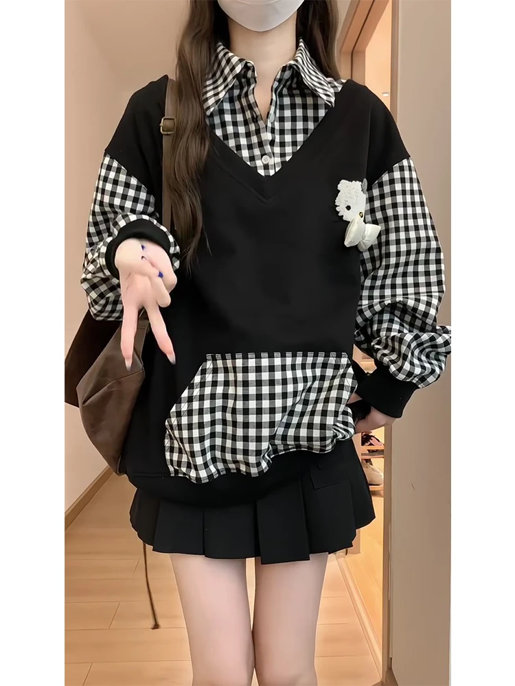 纯棉假两件甜美kitty猫刺绣polo衫拼接格纹卫衣女春秋设计感上衣