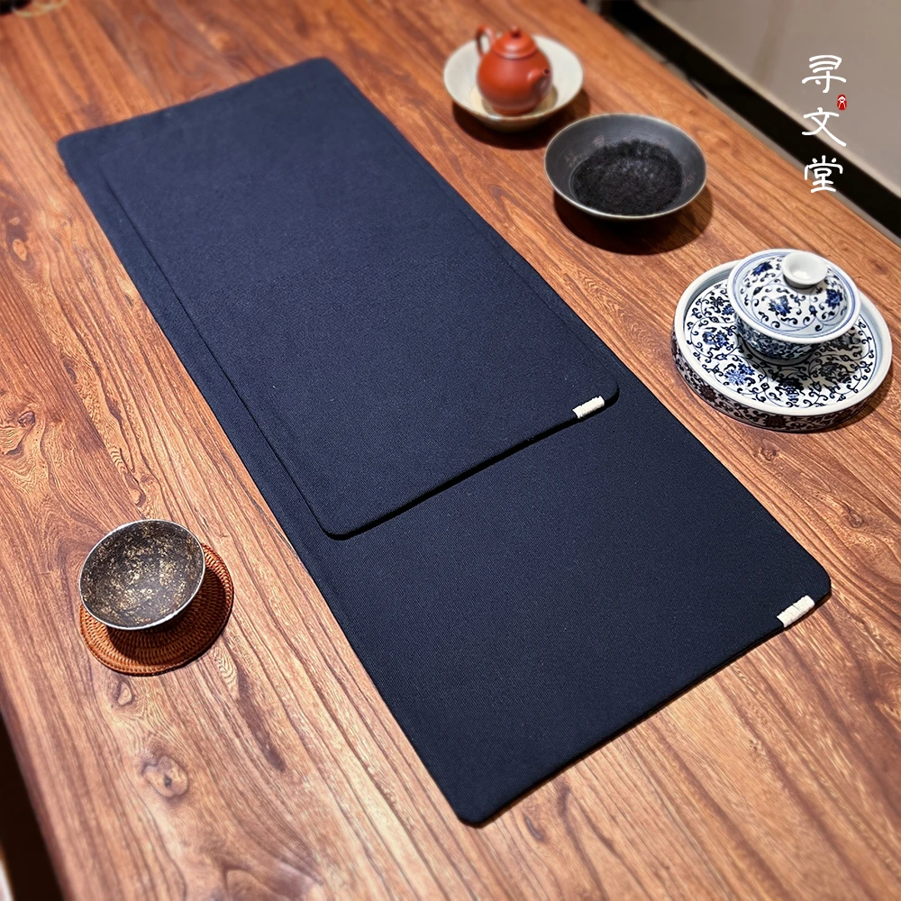 寻文堂 蓝色手工干泡茶席素色侘寂桌布茶桌搭配日式棉复古茶布