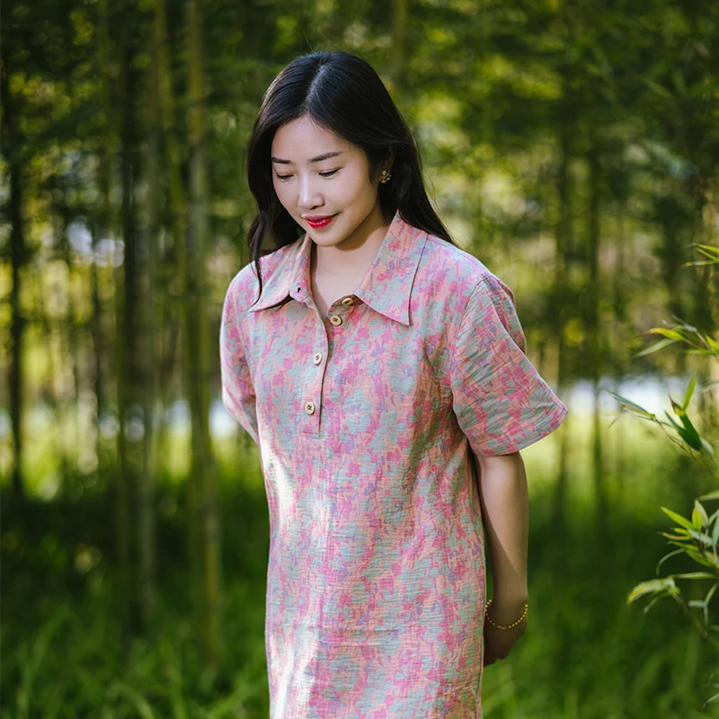 【弘雪】全棉纯棉双层纱夏季新款大码宽松文艺短袖衬衫女款短袖长裙