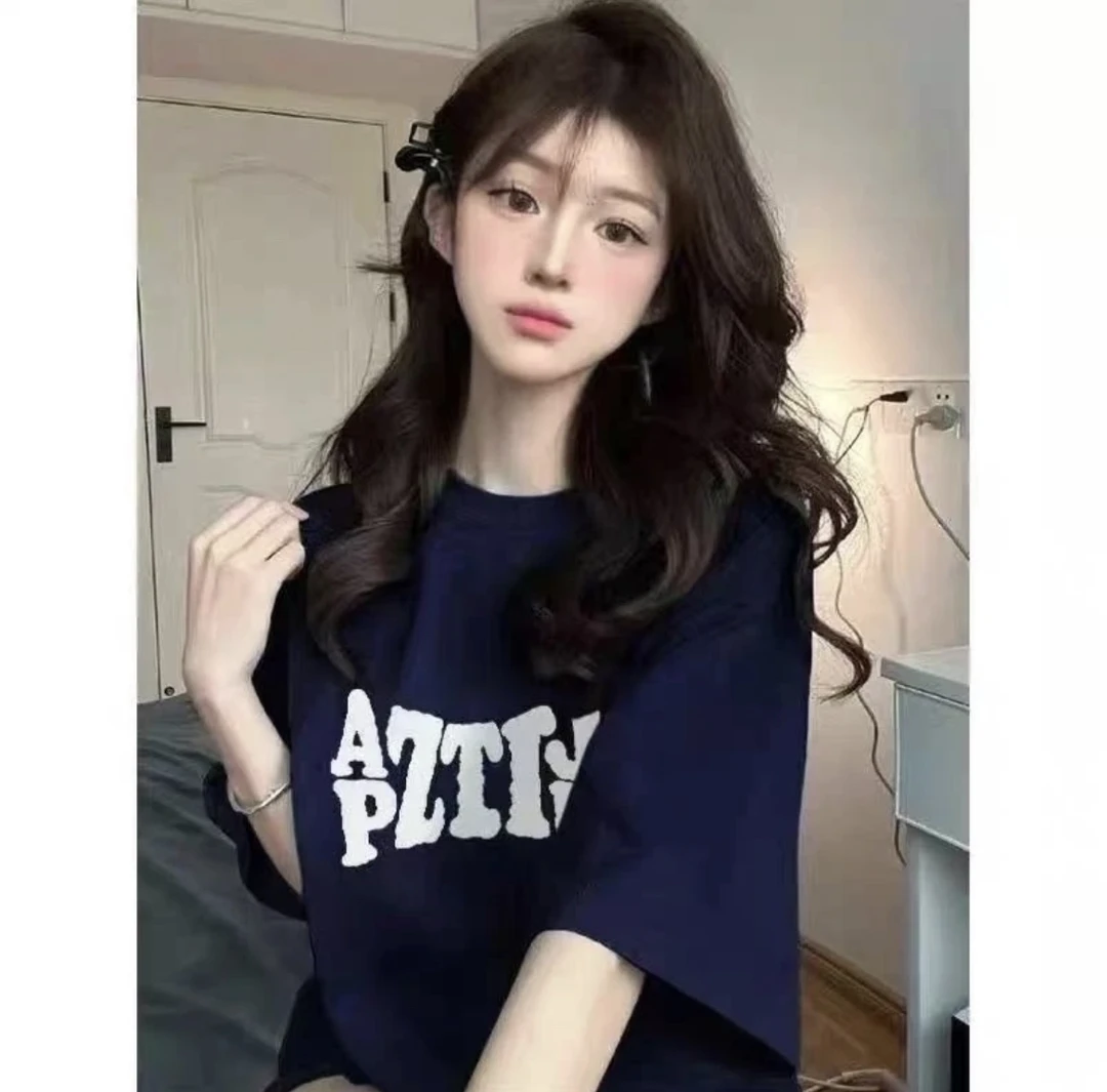 潮牌美式复古藏青色短袖t恤女夏季2024新款小众设计感宽松半袖衣