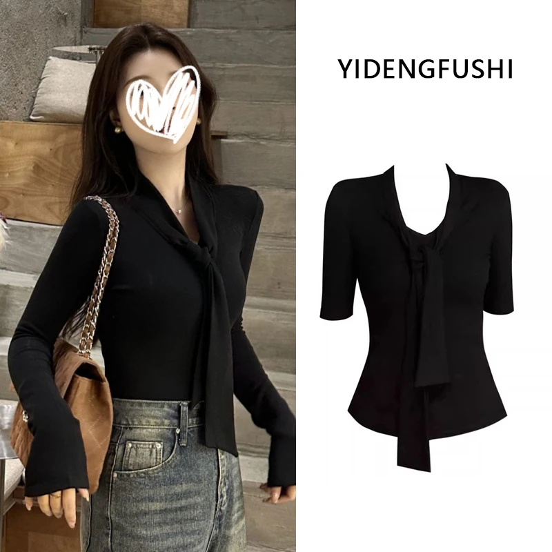 艺等2025早秋季新款性感气质温柔风飘带韩系V领薄款修身显瘦上衣