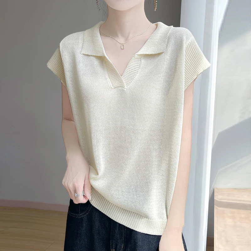 2025夏季新款时尚简约POLO领针织短袖百搭纯色气质上衣韩版