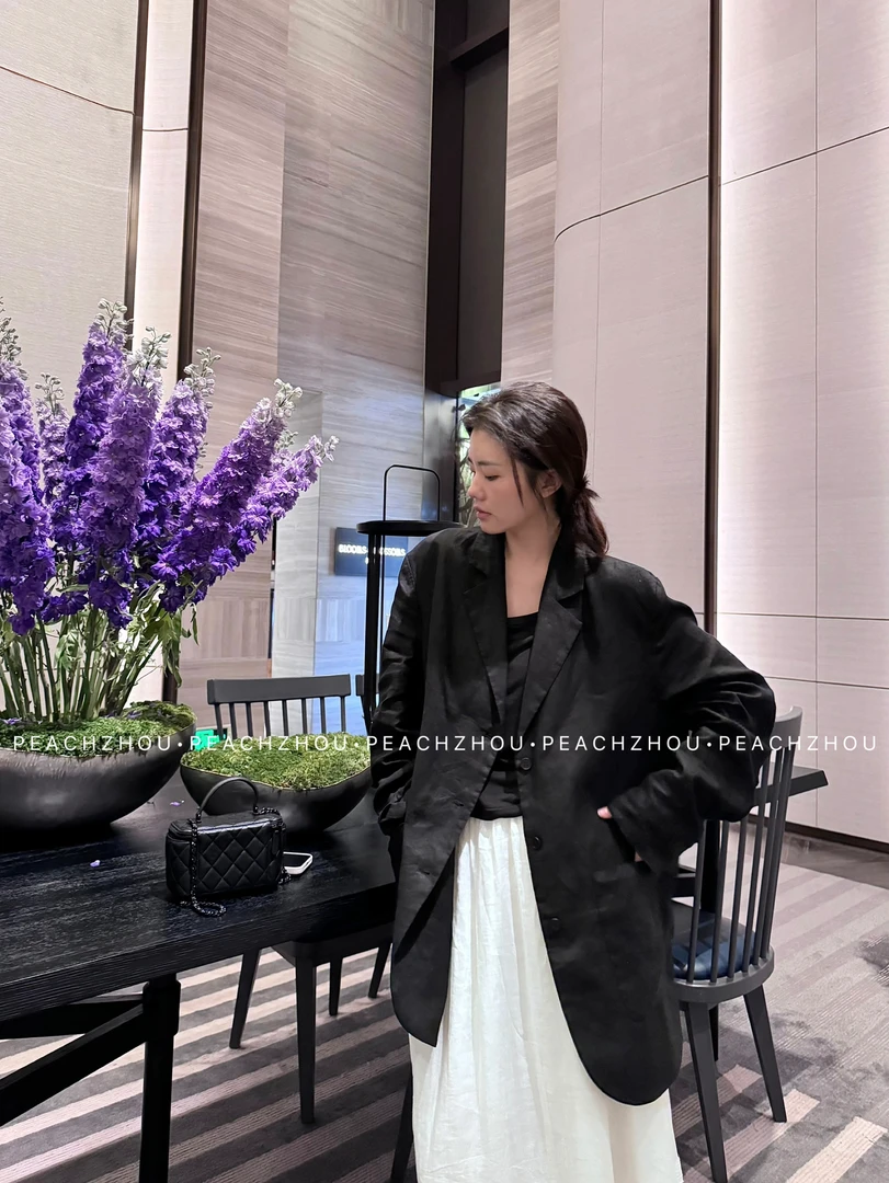 『PEACHZHOU』100亚麻纯色翻驳领宽松系扣极简休闲中性老钱西装外套