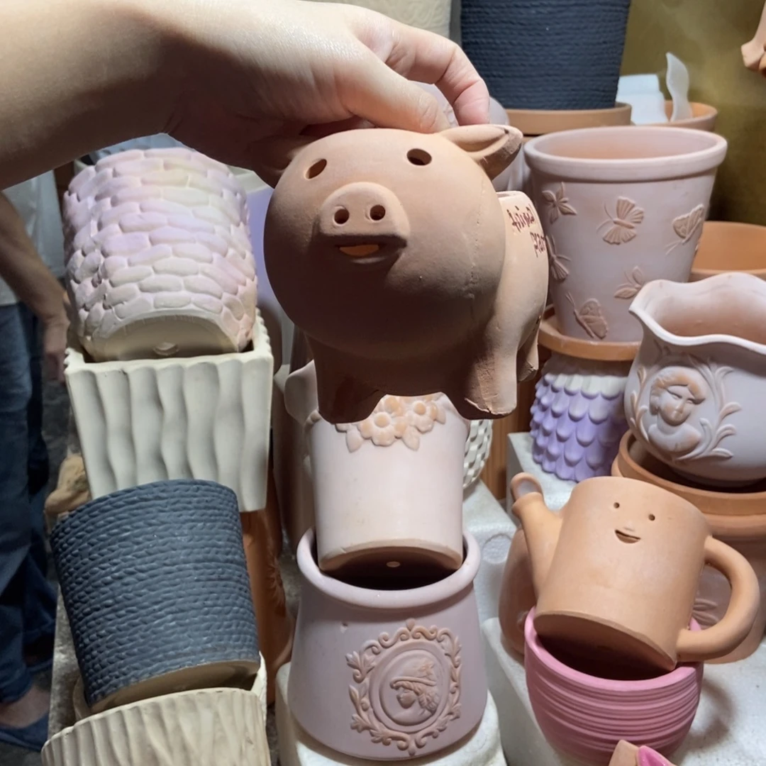 17×10 粗陶小猪盆 红陶