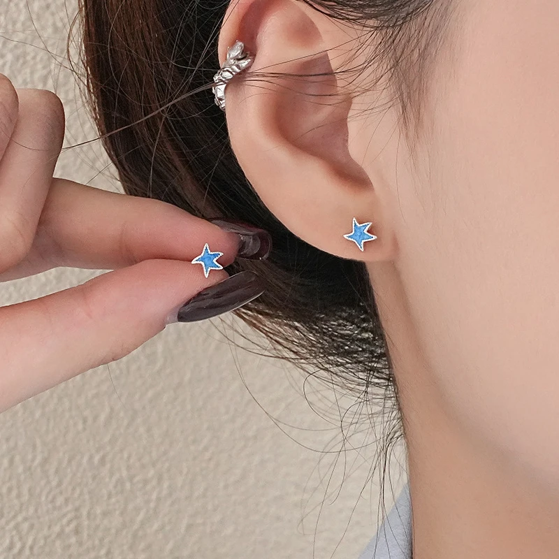 足银耳饰 S999足银蓝色海星耳钉女不规则小众设计感迷你