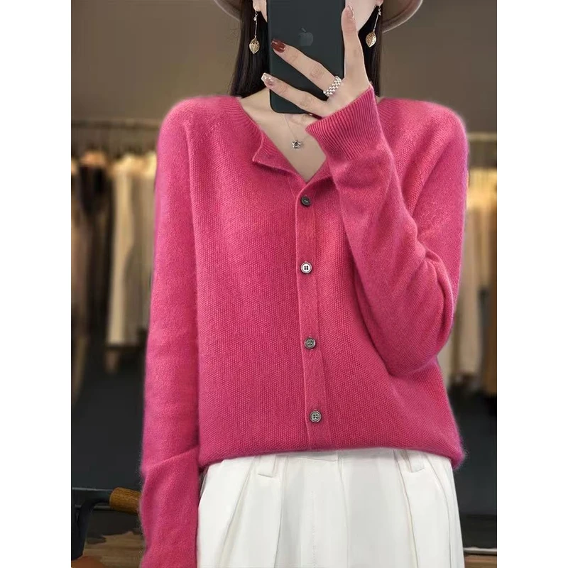 100%羊毛春秋无缝一体开衫圆领