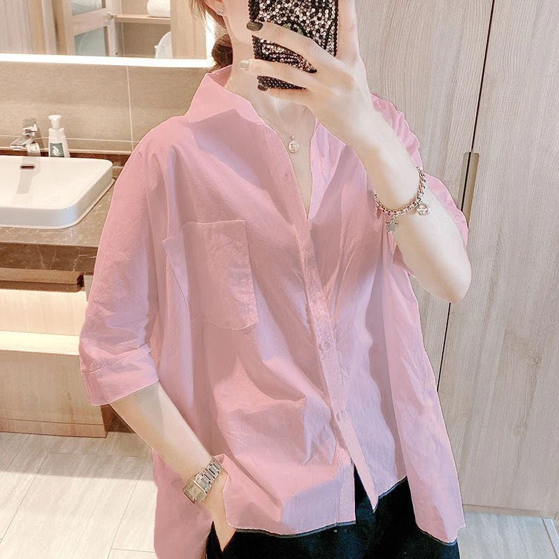 2025夏季新款百搭宽松薄款五分袖纽扣衬衣港风纯色防晒短袖衬衫女