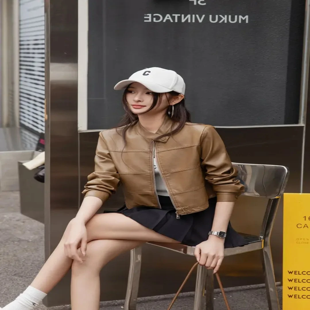 【聪尔专属】短款休闲时尚百搭简约春季立领女皮夹克外套2505