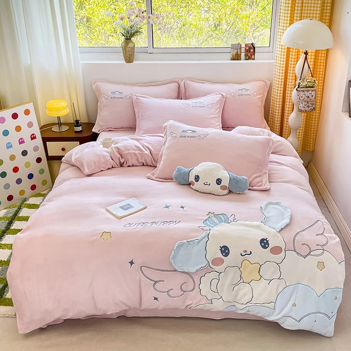 新款大版卡通可爱贴布绣花牛奶绒透气亲肤儿童单双人款家用四件套