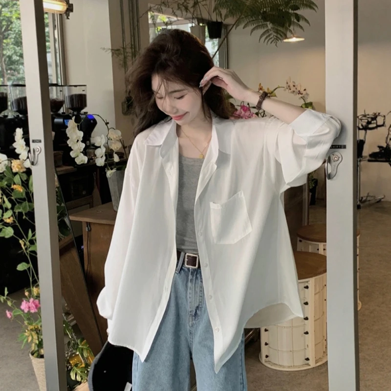 简约宽松百搭白色长袖防晒衬衫女夏薄款透气衬衣外搭冰丝开衫上衣