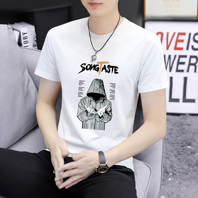 男装短袖t恤半袖印花修身型夏季百搭潮流白色时尚透气上衣体恤衫