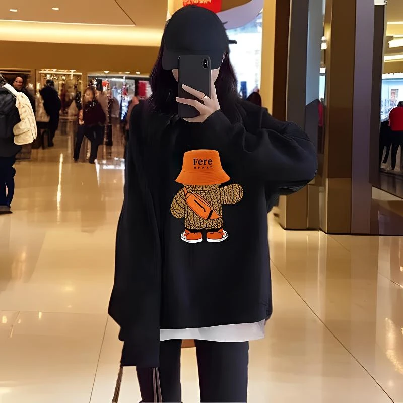 假两件圆领卫衣女装2024新款爆款秋冬韩版宽松中长款加绒加厚上衣