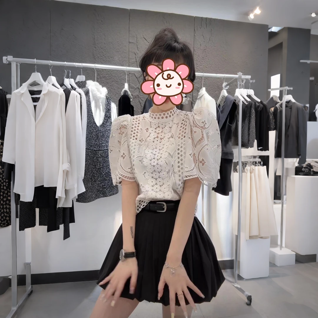 小众高级感气质套装女2025新款夏季镂空蕾丝上衣高腰花苞裙两件套