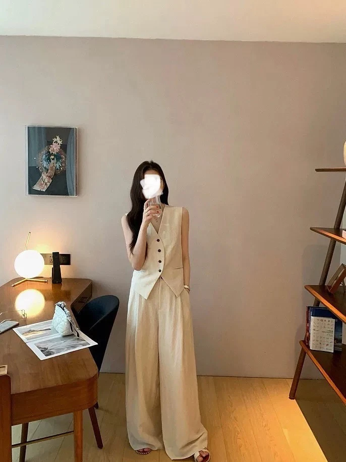 老钱风天丝亚麻套装原宿风简约时尚气质显瘦新款西装套装L629