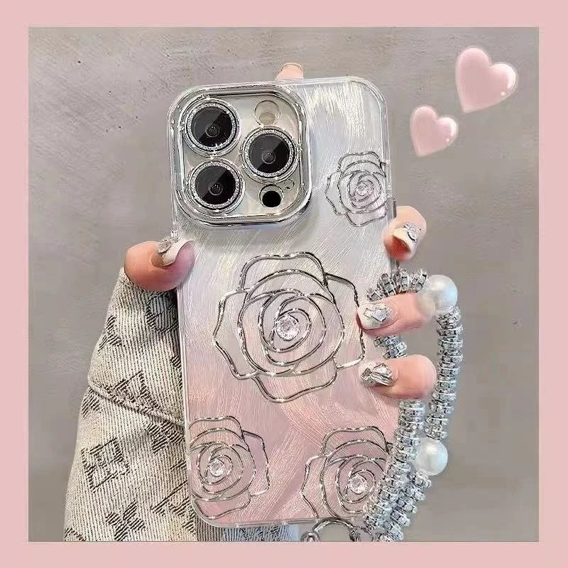 山茶花适用苹果16promax手机壳新女款高级感保护套全包闪粉镜头膜