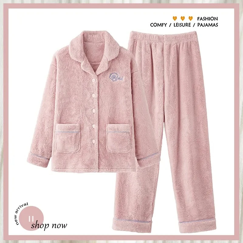 大码睡衣女珊瑚绒冬季加绒加厚保暖法兰绒开衫宽松家居服套装外穿