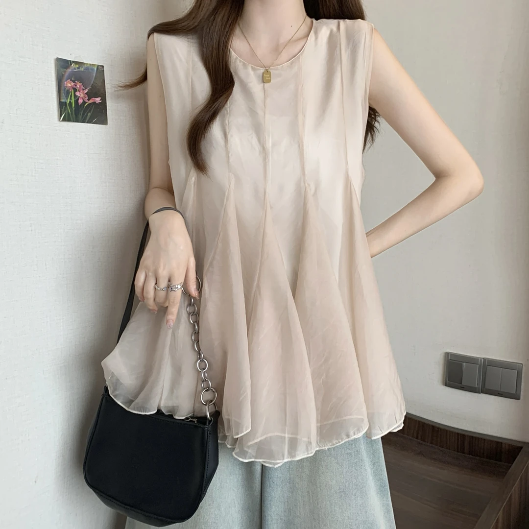 孕妇装夏季时尚气质宽松无袖背心上衣洋气设计感网纱荷叶边娃娃衫
