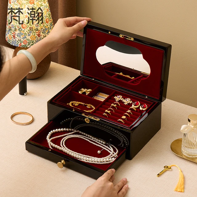 梵瀚 烤漆首饰盒带锁带镜轻奢高档新婚礼物黄金珠宝饰品收纳盒子