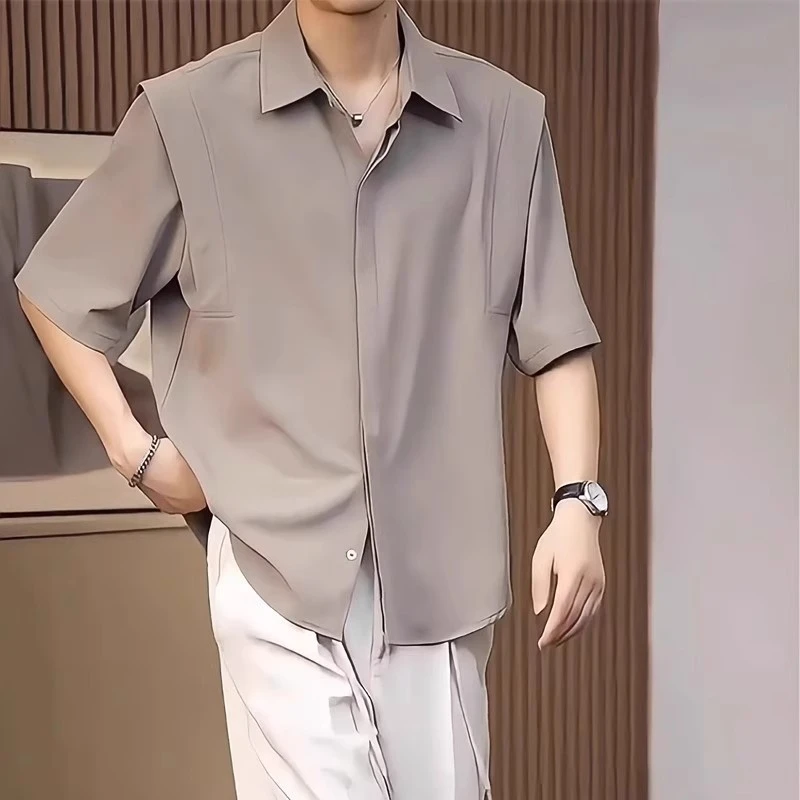 高端冰丝短袖衬衫男士2025新款夏季潮流纯色免烫中袖垂感衬衣男款