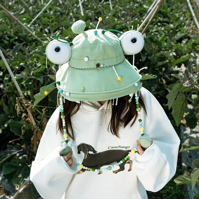 芽小七原创手工淋雨青蛙渔夫帽透气薄款防紫外线百搭户外休闲时尚