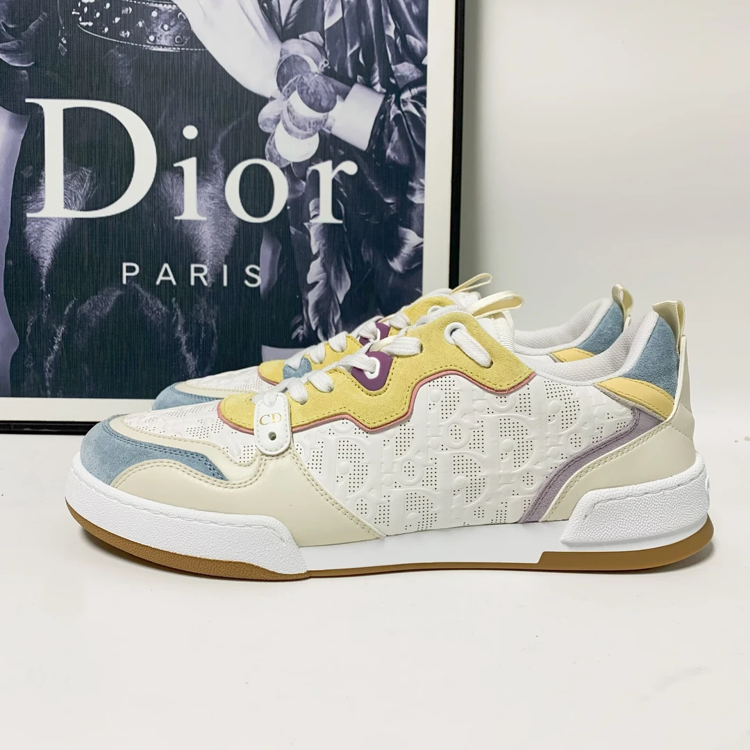 未使用 DIOR/迪奥 迪奥One系列米白色皮面老花满印蓝绿拼色板鞋