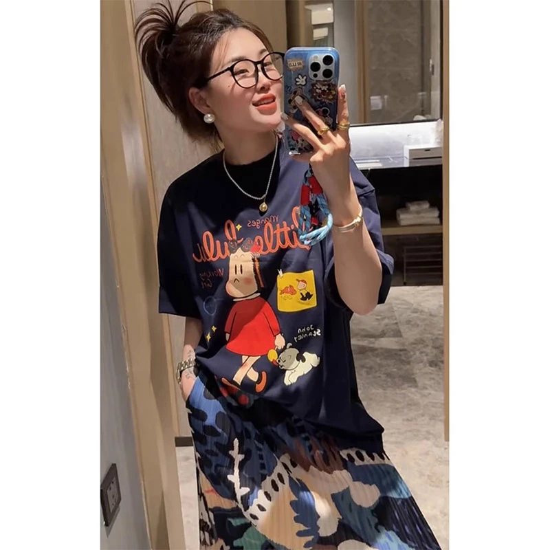 欧洲站2025夏季新款韩版百搭宽松中长款T恤女高腰半身裙两件套潮