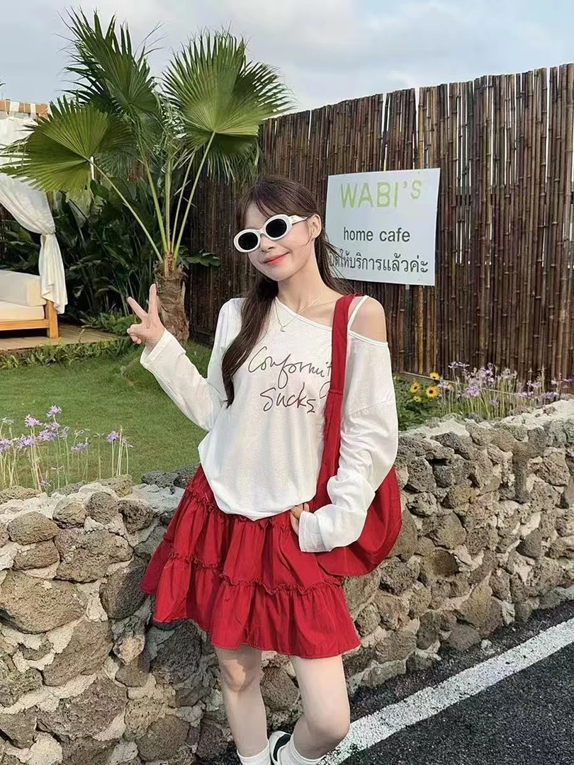 琳琳家夏季薄款斜肩袖T恤与褶皱短裙慵懒风套装