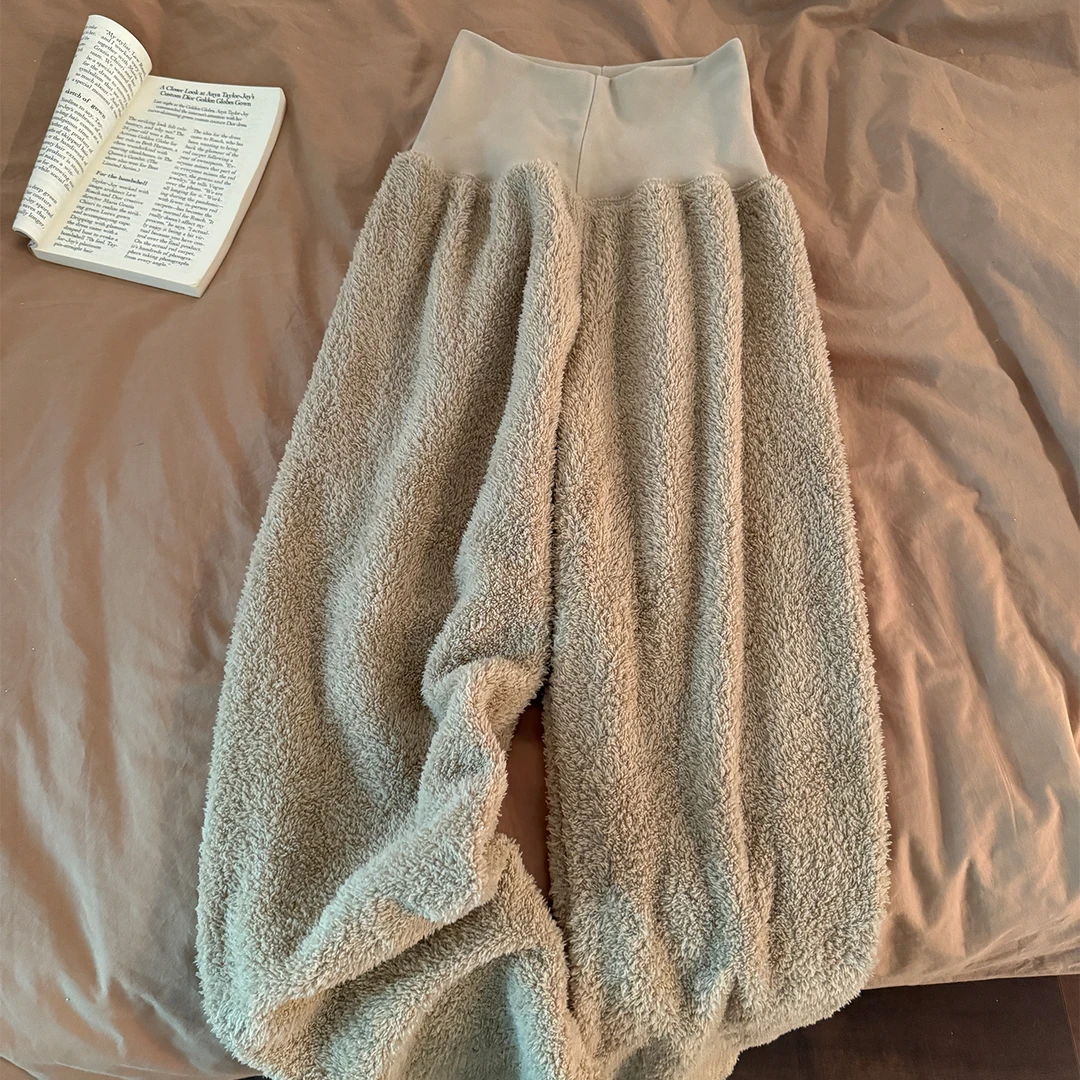 睡裤女士秋冬季长裤子珊瑚绒高腰仿半边绒暖宫保暖加厚浅棕居家裤