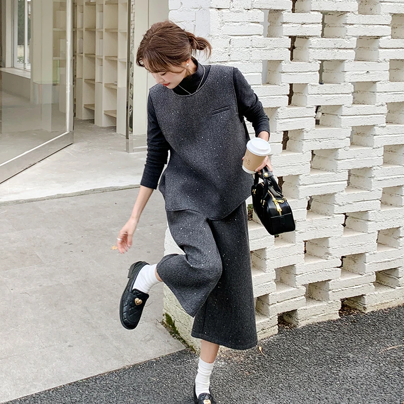 灰色亮片小香风毛呢马甲阔腿裤三件套女早春高级感一整套ootd穿搭