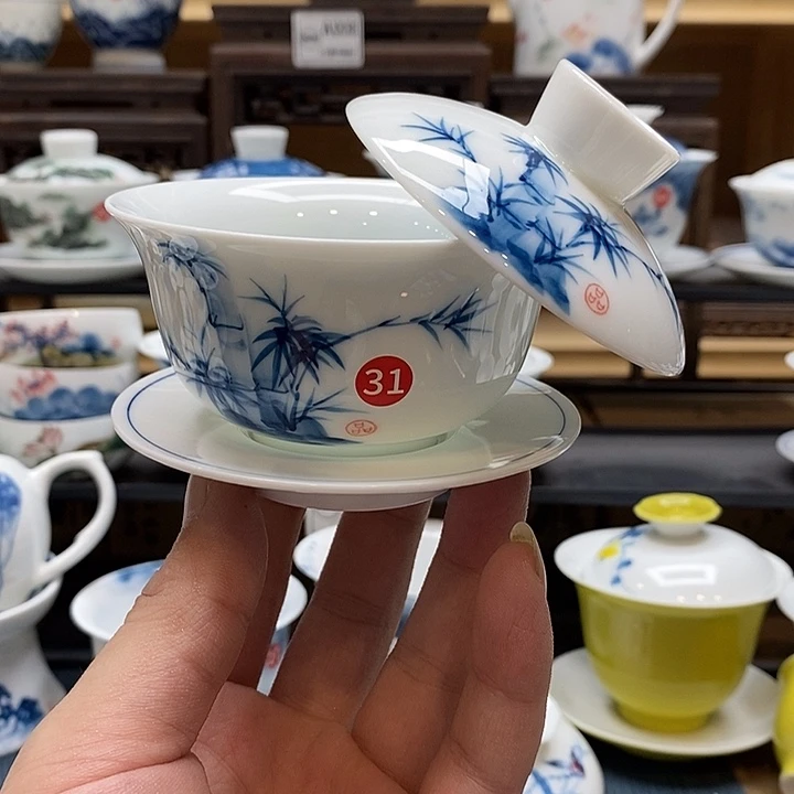 手绘微瑕竹子盖碗