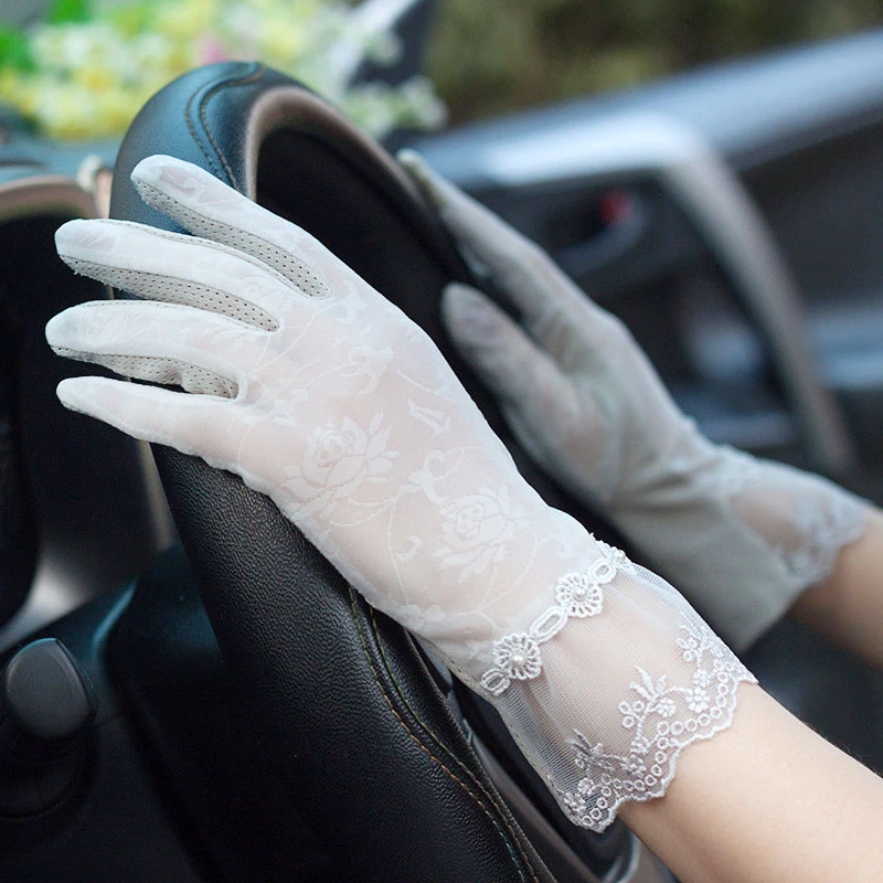 新款防紫外线夏天冰丝触屏手套女薄款蕾丝花防紫外线开车户外骑行