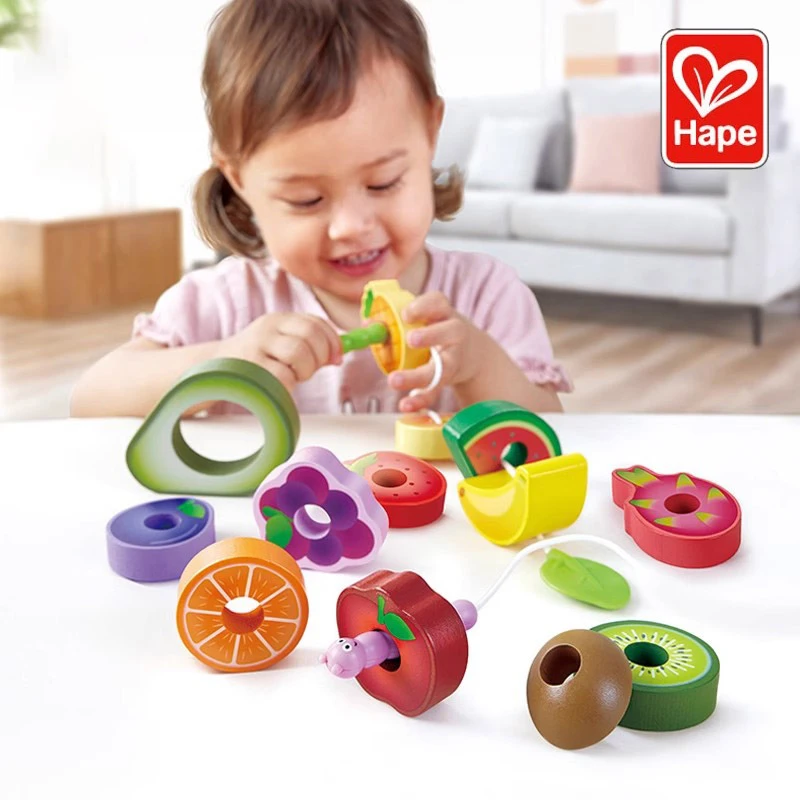 Hape贪吃虫水果穿珠子早教儿童益智玩具宝宝串珠积木穿绳线1-2岁