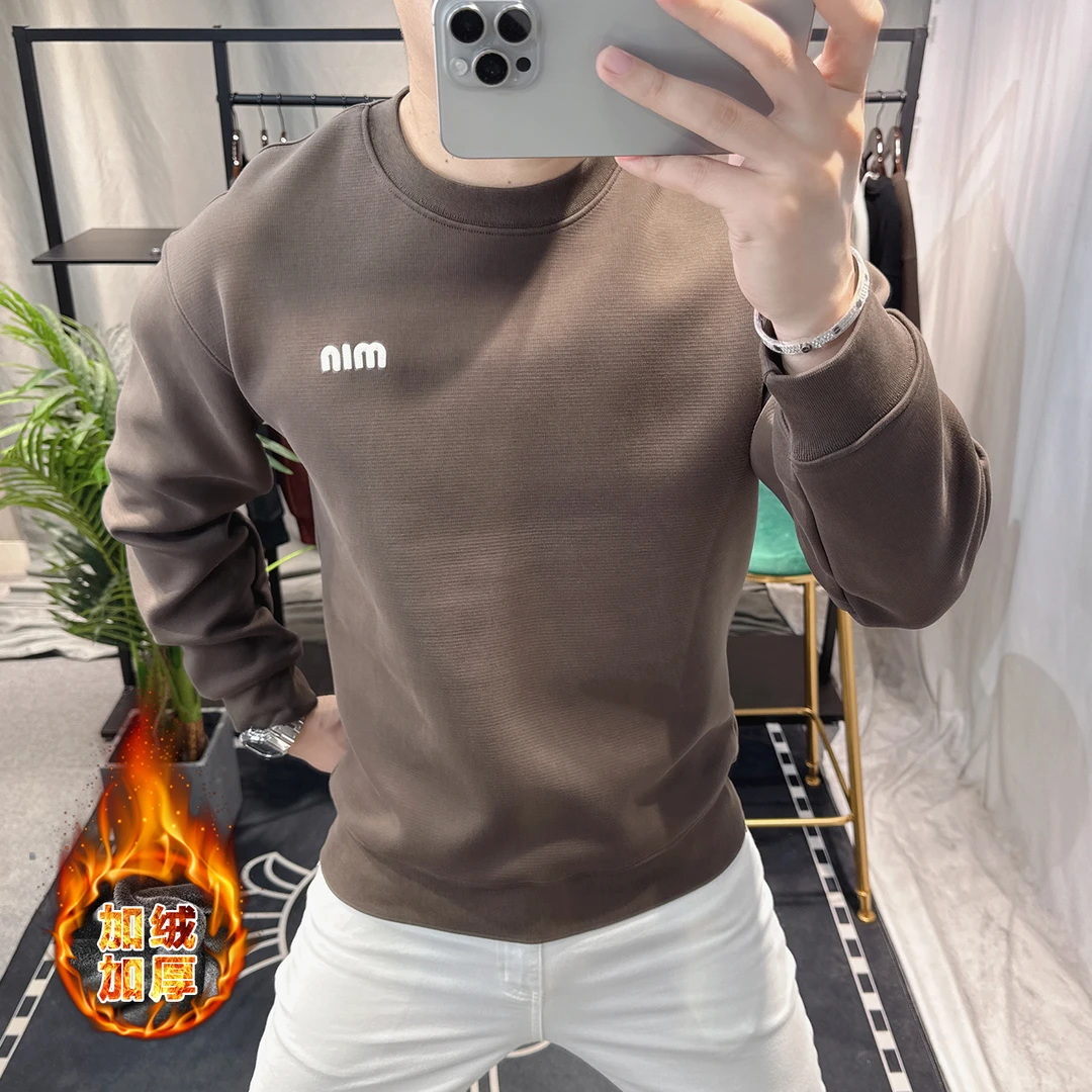 欧洲站2025冬季简约时尚圆领卫衣男加绒加厚字母刺绣宽松潮牌上衣