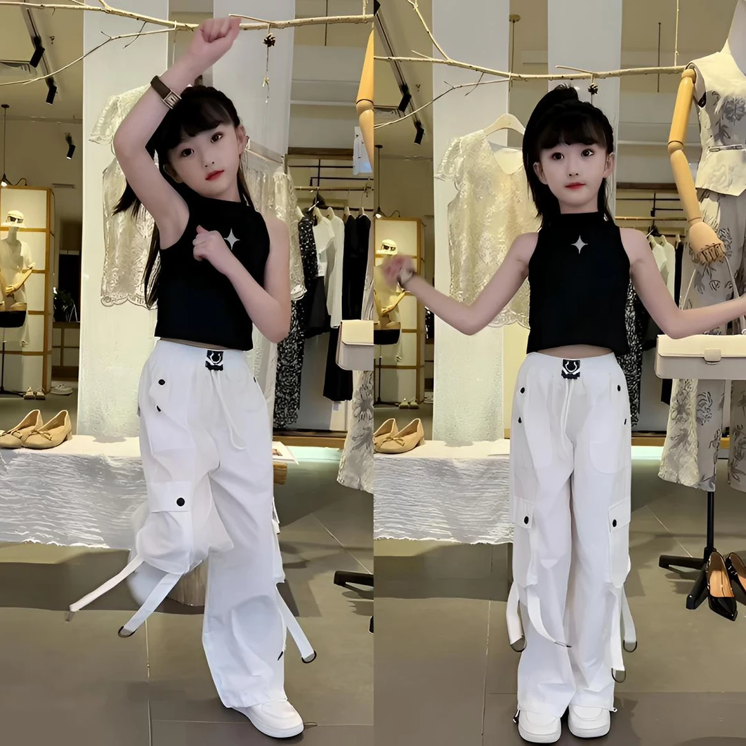 女童夏季时髦洋气背心工装裤套装中大童高腰潮酷爵士舞街舞两件套