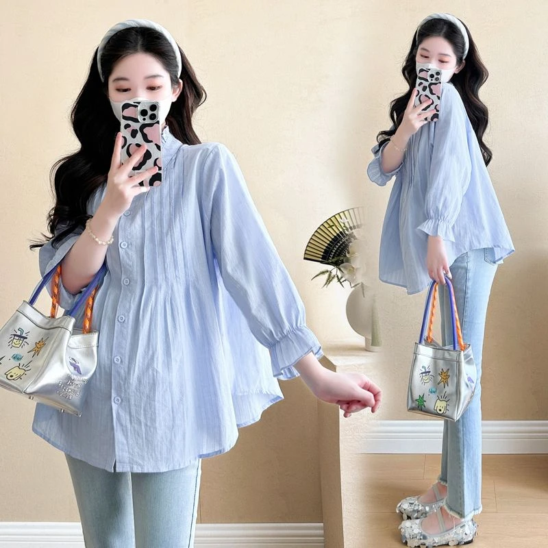 2025春夏衬衣时尚宽松显瘦长袖大码洋气泡泡袖休闲减龄可哺乳上衣