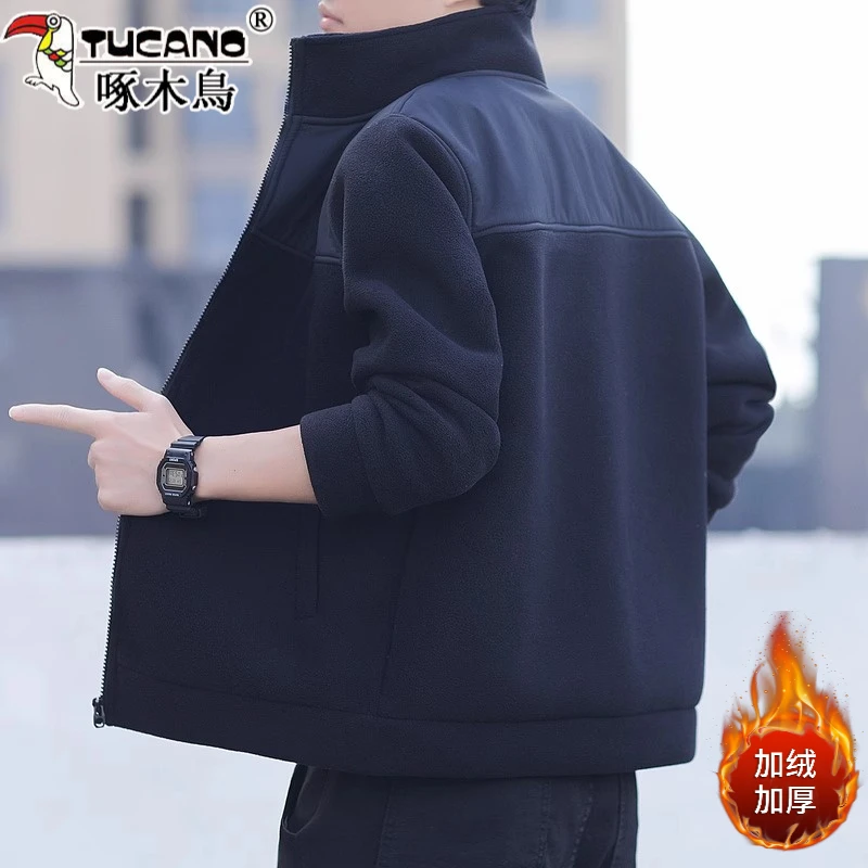 啄木鸟摇粒绒男士外套抓绒开衫卫衣休闲秋冬加绒加厚夹克冬季男装