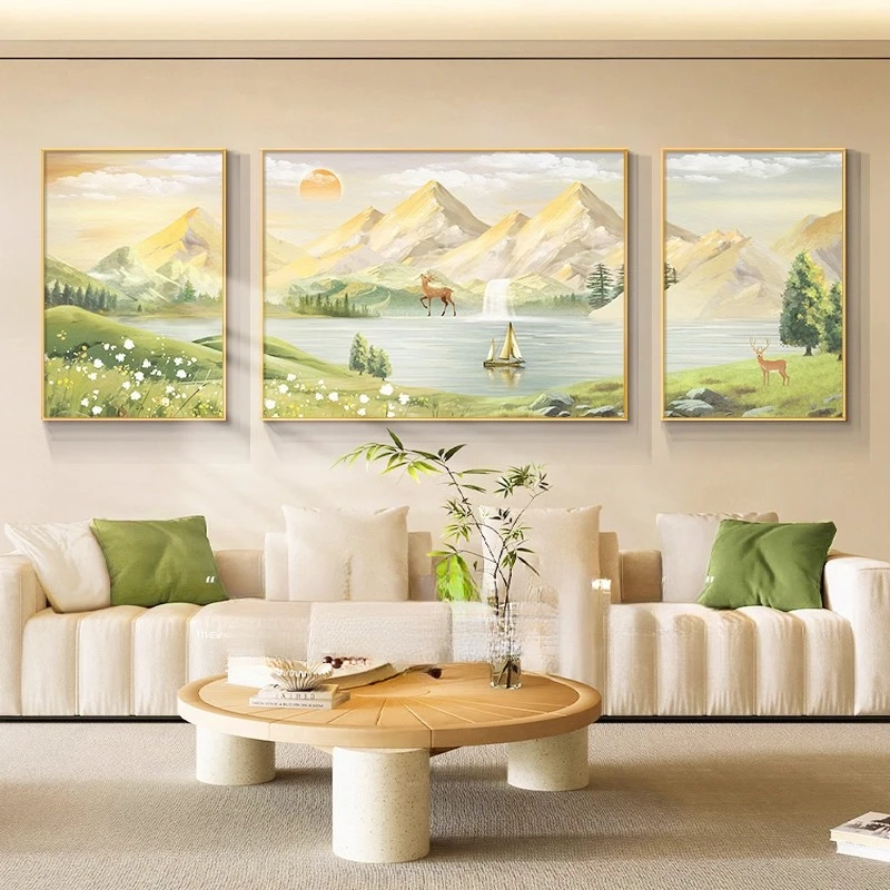 现代简约风格日照金山高档客厅沙发背景墙装饰三联画有框山水风景