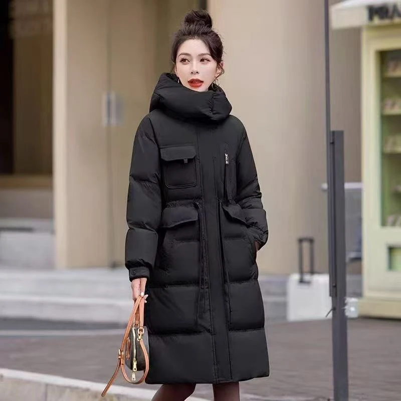 00751连帽加厚保暖女士中长款长款可拆卸秋冬黑色女装纯色