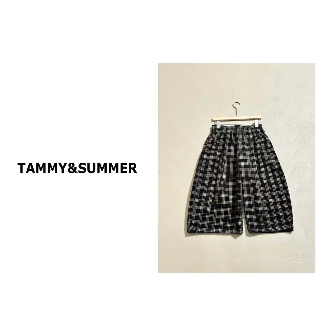 【Tammy&Summer】宽松时尚松紧腰百搭阔腿七分裤格子休闲裤510017