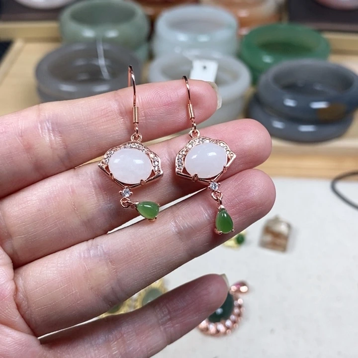 和田玉银S925镶嵌耳饰✨*池