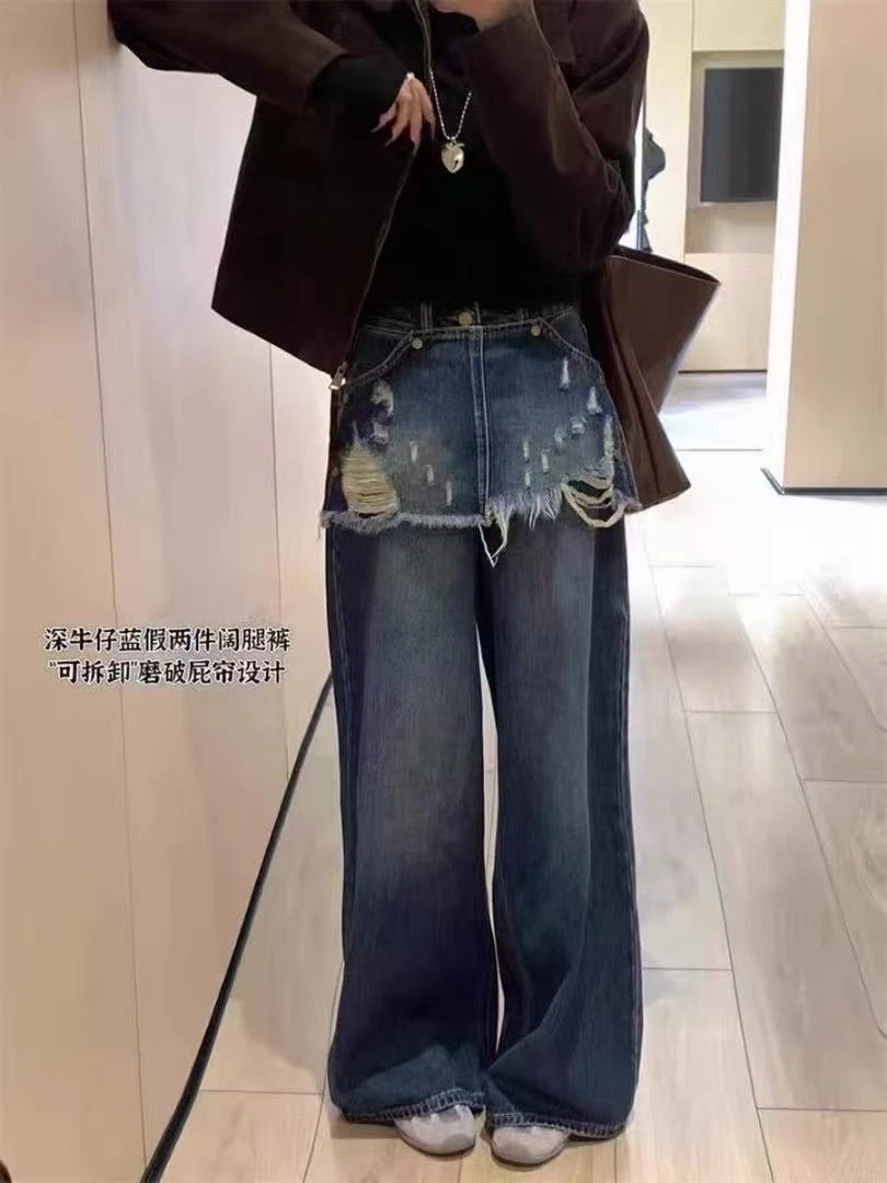 260-3492 深牛仔蓝假两件阔腿裤"可拆卸”磨破屁帘设计（偏大3斤）