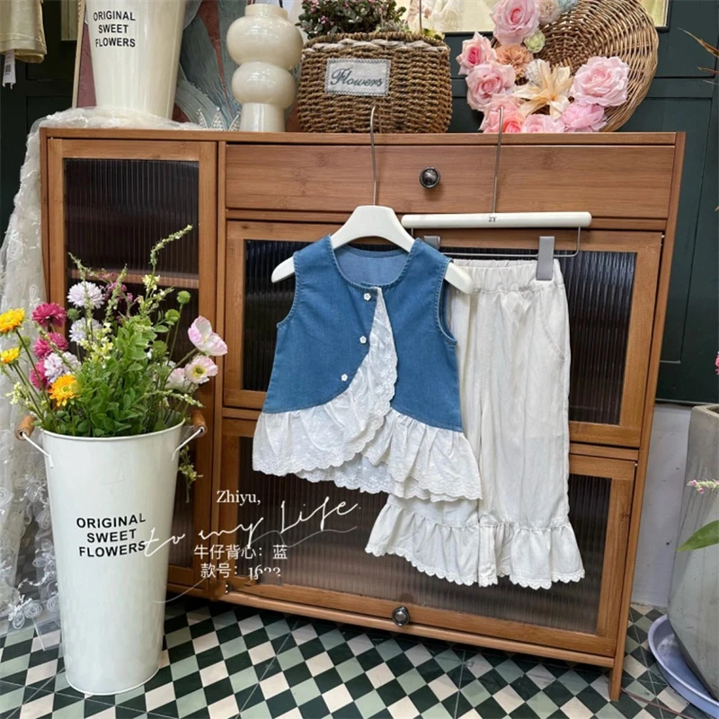 AC465~只语·25夏~花边牛仔背心娃娃衫ZY1622