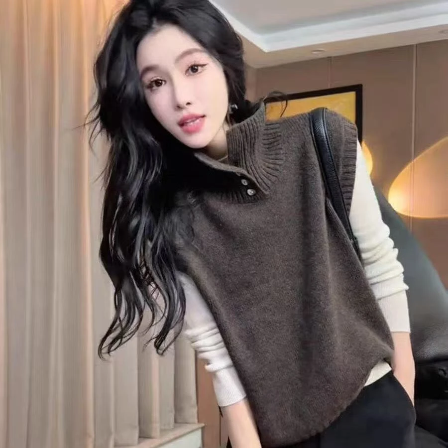 高领毛网红套头款宽松型拼接圆领女毛针织衫韩版毛衣休闲马甲