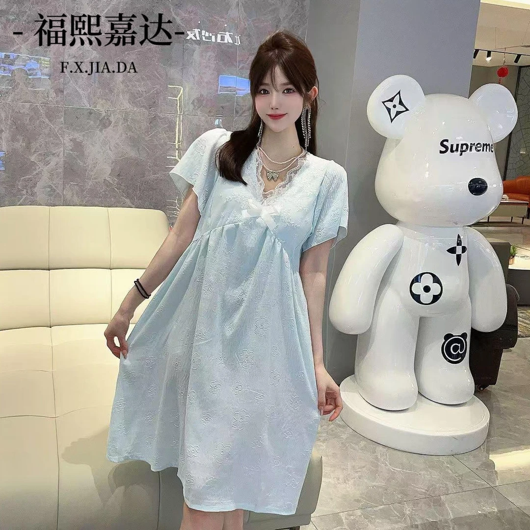 2025年春夏新款公主风甜美睡裙带胸垫短袖家居服大码睡衣女可外穿