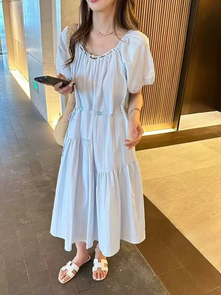 小雅姐姐  韩系简约泡泡袖捏褶气质连衣裙长裙IS59