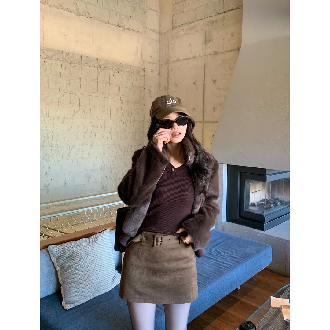 pusumede低调吸睛 咖色复古麂皮半身裙女秋冬可拆腰带百搭a字短裙