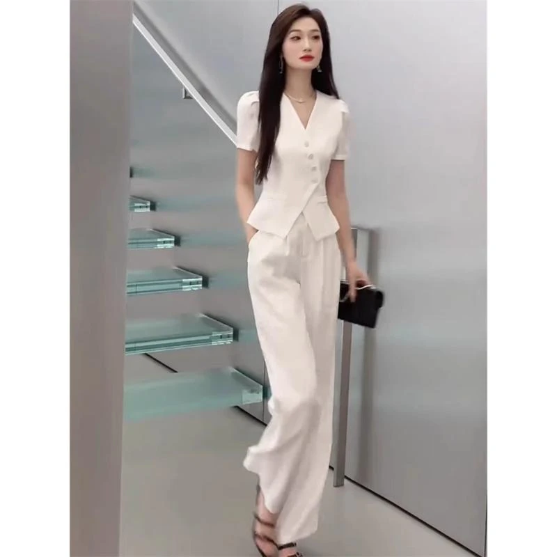 高雅时尚套装女2025夏季新款高级斜纽扣小西服上衣气质长裤两件套