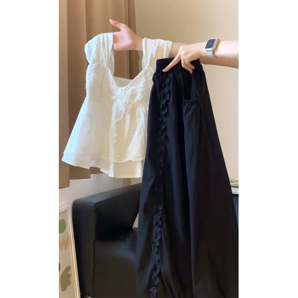 韩风chic夏日甜美镂空吊带背心上衣时尚学生木耳边高腰半身两件套